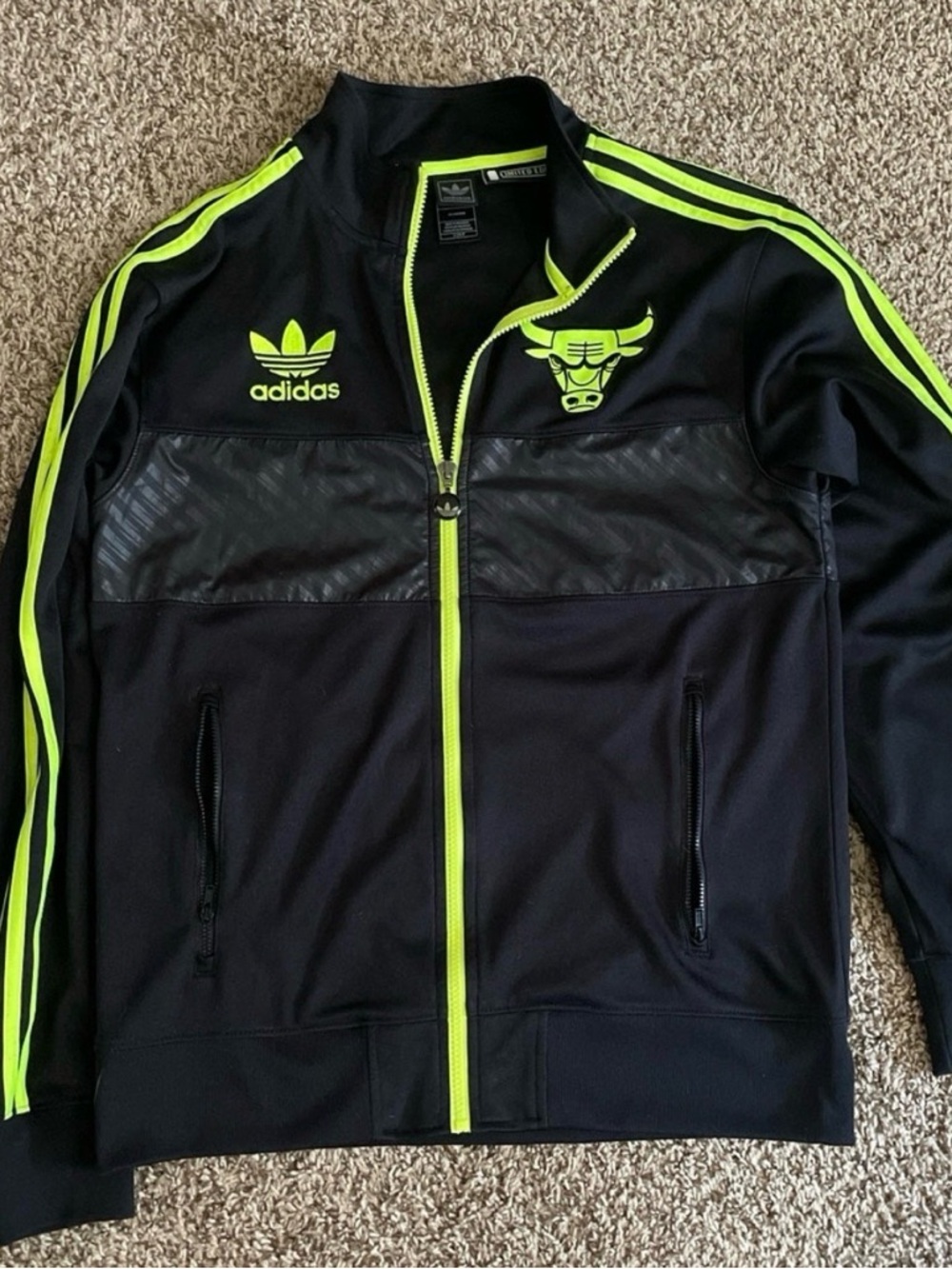 adidas Black and Neon Yellow Chicago Bulls Track Jacket